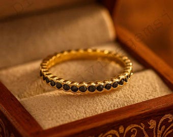 Black Onyx Full Eternity Band Yellow Gold Stackable Wedding Ring Vintage Anniversary Band Simple Pave Stacking Ring Gift For Birthday