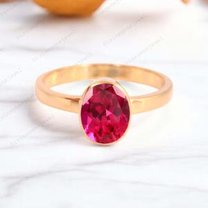 Ruby Solitaire Ring Bezel Set Oval Cut Engagement Ring 18K Solid Gold Personalized women jewelry birthday gift her Customized wedding Ring