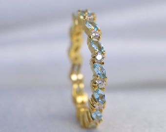 Vintage Aquamarine Wedding Ring Solid Yellow Gold Aquamarine Band Minimalist Jewelry Anniversary Gift Girl Matching Diamond band for Women