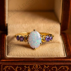 Vintage Opal Engagement Ring Rose Gold Nature Inspired Moon Amethyst Ring Unique Alternative October birthstone Wedding Ring Gift For Women