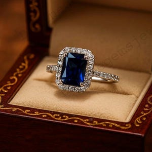 Halo Emerald cut Blue Sapphire Ring Sapphire Diamond Promise Ring Anniversary Gift Blue Gemstone Jewelry September Birtstone Engraved Rings