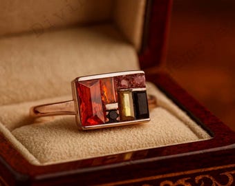Vintage Multi Gemstone Ring Baguette Garnet Statement Ring Antique Art Deco Engagement Gift Ring Fine Gold Jewelry Promise Stacking Box Ring