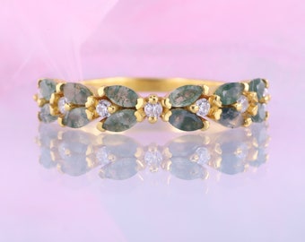 Marquise Moss Agate Matching Unique Bridal Stacking Promise Gift for Her, 14K Gold Wedding Band Women Half Eternity Diamond Wedding Band