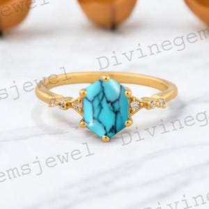 Anillo de compromiso vintage con turquesa hexagonal, anillos de boda únicos de oro macizo para mujer, anillo de racimo de moissanita, regalo de aniversario personalizado para ella
