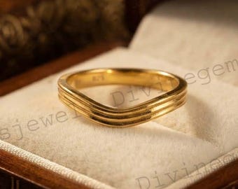 14K Gold Curved Wedding Band, 2.5mm Contour Ring, V Shaped Bridal Band, Minimalist Stackable Promise Ring, Solid Gold Chevron Band for Love