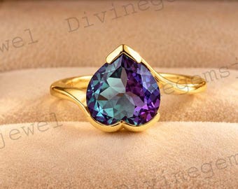 Heart Alexandrite Engagement Ring, Color Changing Gemstone Ring, Gold Promise Ring, Unique Bridal Jewelry, Anniversary Gift for Her