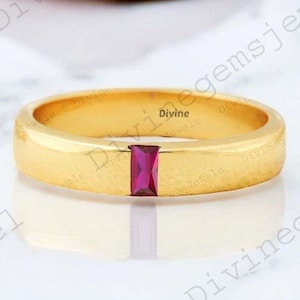 Dainty Pink Ruby Wedding Band Solid Gold Comfort Fit Men's Ring Women Stackable Promise Ring Solitaire Gold Ring Personalized Gift for Her