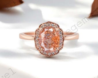 Sunstone engagement ring Oval cut Sunstone ring art deco gemstone ring Vintage unique Moissantie halo diamond ring Unique Rose gold band