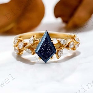 Kite cut Galaxy Blue Sandstone Engagement Ring Solid Gold Ring Nature Inspired Ring Unique Twig Leaf Diamond Ring Bridal Promise Ring