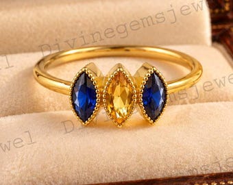 Marquise Citrine Sapphire Ring, Three Stone Engagement Ring, Blue Sapphire Gold Ring, Vintage Bridal Jewelry, Anniversary Gift for Her