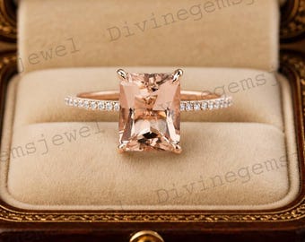 Peach Emerald Cut Morganite Engagement Ring 14k Gold Wedding Birthstone Jewelry Delicate Anniversary Gift For Her Personalized Birthday Ring