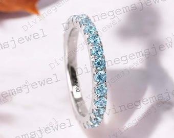 Dainty Blue Aquamarine Wedding Band 14k 18k Solid Gold Stacking Band March Birthstone Micro Pave Aquamarine Ring Birthday Gift For Mom