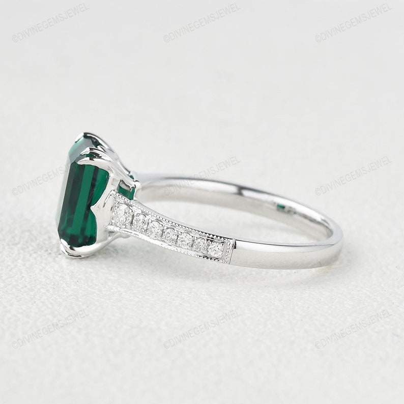 Emerald Ring May Birthstone 14k Solid Gold Ring Gemstone Ring Lab Emerald Ring Engagement Ring Rectangle Ring Anniversary Ring Gift or Her