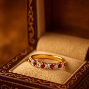 Anillo de boda de diamantes rubí, media eternidad, anillo a juego, piedra natal de julio, anillo de aniversario, joyería de oro para mujer, anillo de aniversario, regalo para el amor