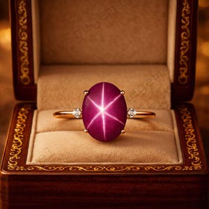 Puede incluir: Un anillo de oro con una gran gema de rubí estrella ovalada de color rojo púrpura. El rubí tiene un efecto de estrella de seis rayos. Pequeños diamantes flanquean el rubí. El anillo se presenta en un joyero de madera con interior de terciopelo.