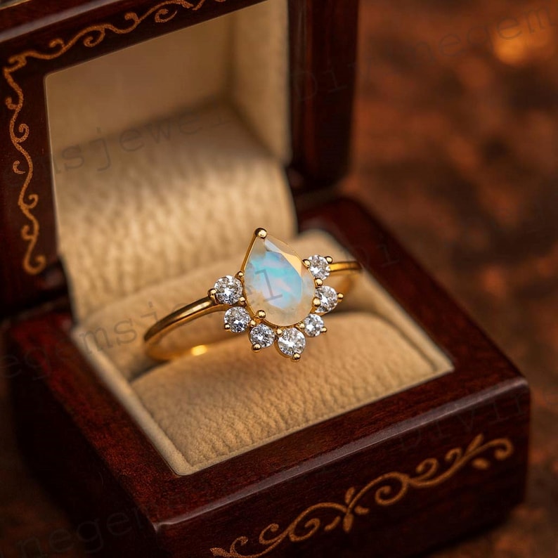 Unique Pear 18K Solid Gold Natural Moonstone Engagement Ring Crown ...