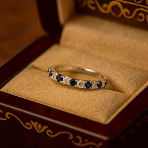 Blue Sapphire Diamond Wedding Band, 925 Sterling Silver Half Eternity Band, Dainty Bridal Band, Delicate Stackable Band, Anniversary Present