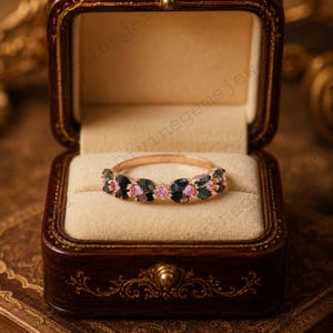 Marquise Moss Agate Gemstone Band Dainty Pink Sapphire Wedding Ring 925 Silver Promise Anniversary Gift Personalized Delicate Ring For Women