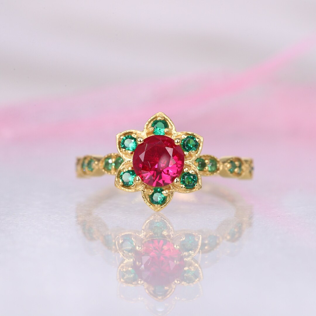 Ruby Emerald Engagement Ring Women Statement Ring 14k Solid Etsy