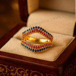 Elegant safir- och granatförstärkare, lindningsband i 18k guld, stapelbara smycken, brudtärnegåva, art déco-smycken med dubbelt skydd, personliga ringar