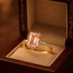 14Kソリッドゴールドピーチモルガナイトリング、エメラルドカットモルガナイトダイヤモンドリング、誕生石、母の日リング、プロミスリング、彼女への誕生日プレゼント