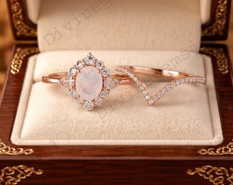 Oval cut White Opal Engagement Ring Set Vintage Rose Gold Moissanite Bridal Ring Set Art Deco October Birthstone Promise Ring Gifts