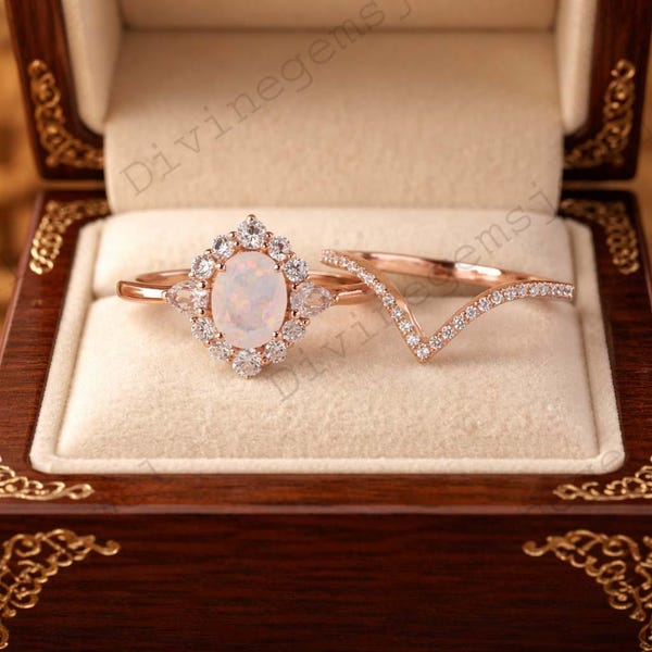 Oval cut White Opal Engagement Ring Set Vintage Rose Gold Moissanite Bridal Ring Set Art Deco October Birthstone Promise Ring Gifts
