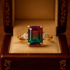 Watermelon Tourmaline Engagement Ring Unique Emerald Cut Bridal Ring Cluster Diamond Women Jewelry Art Deco Ring Anniversary Gift For Love