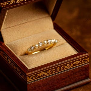 Delicate Pearl Diamond Ring Pearl Diamond Wedding Band Half Eternity Ring14k Solid Gold Pearl Matching Band Minimalist Jewelry Gift For Love