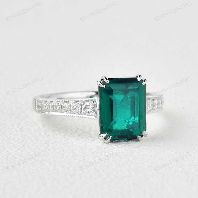 Emerald Ring May Birthstone 14k Solid Gold Ring Gemstone Ring Lab Emerald Ring Engagement Ring Rectangle Ring Anniversary Ring Gift or Her