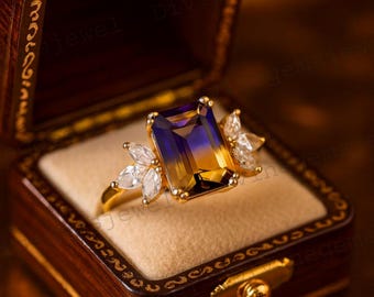 Vintage Emerald Cut Ametrine engagement ring Solid gold cluster snowdrift diamond ring women unique jewelry bridal wedding ring gift for her