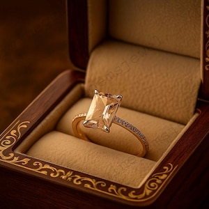 Peach Emerald Cut Morganite Engagement Ring 14k Gold Wedding Birthstone Jewelry Delicate Anniversary Gift For Her Personalized Birthday Ring