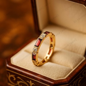Baguette Garnet Wedding Band 14k Solid Gold Bridesmaid Jewelry Dainty Diamond Ring Stacking Women Matching Band Anniversary Gift For Wife