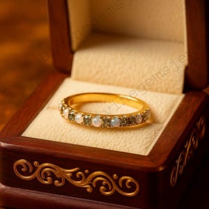 Opal Peridot Wedding Band Half Eternity Gold Matching Band Promise Anniversary Gift For Her Unique Stacking Ring Personalized Women Jewelry