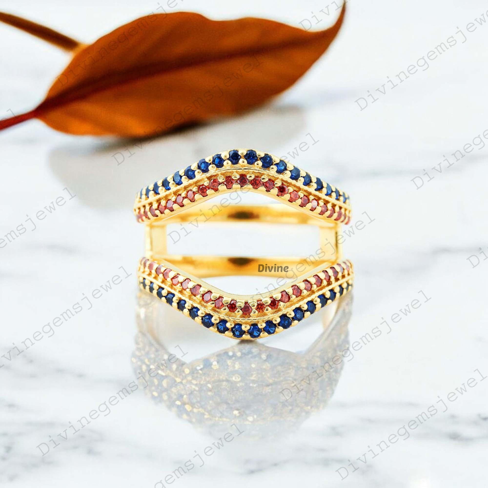 Dainty Sapphire & Garnet Enhancer Wrap Band 18k Gold Stackable Jewelry Bridesmaid Gift Art deco Double Guard Jewelry Personalized Band Rings
