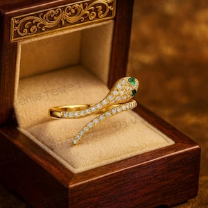 14K Solid Gold Emerald Snake Ring, Diamond Serpent Ring, Adjustable Open Snake Ring For Girls, May Birthstone, Ouroboros Elegant Jewelry