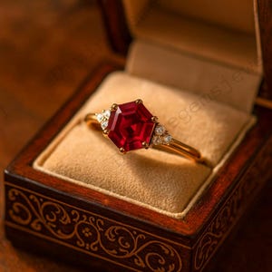 六角形のラボルビークラスターリング 14Kローズゴールドエンゲージリング ヴィンテージダイヤモンドリング 女性へのプロミスギフト 刻印入りブライダルジュエリー