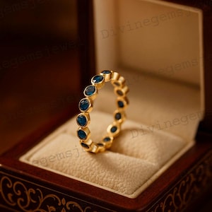 14k Yellow Gold Eternity Girl Matching Band Dainty Blue Sapphire Wedding Band Promise Engagement Ring Minimalist Jewelry Gift For Girlfriend