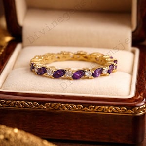 Unique Marquise Amethyst wedding band Solid 14k Rose gold moissanite diamond wedding band full eternity matching stacking Anniversary ring