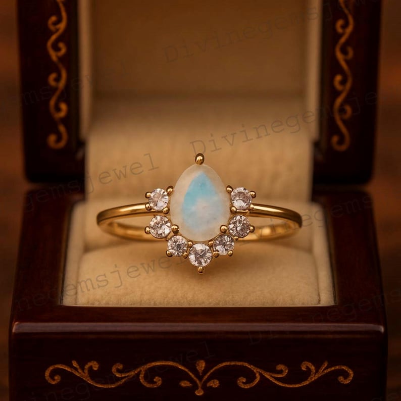 Unique Pear 18K Solid Gold Natural Moonstone Engagement Ring Crown ...