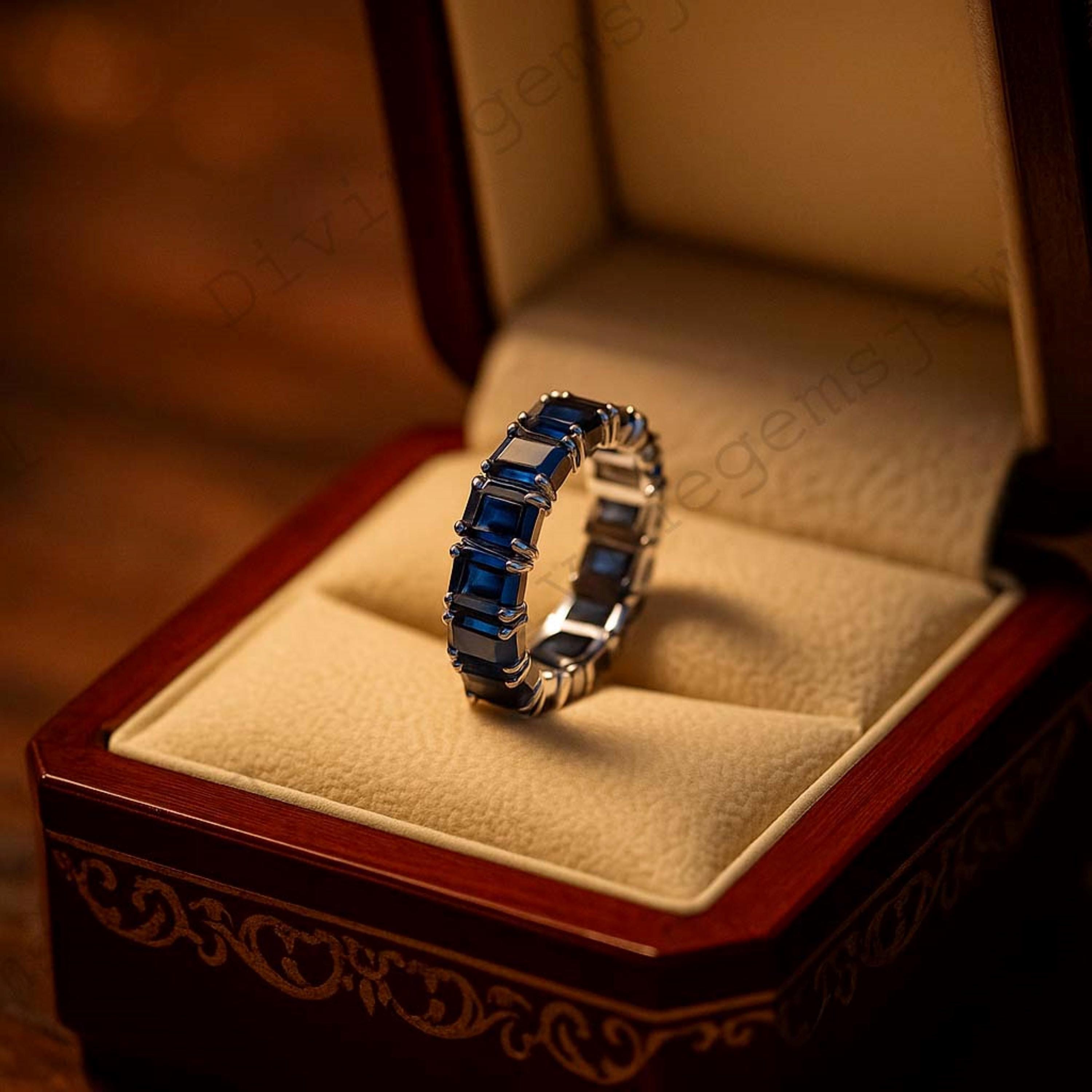 Baguette Cut Sapphire Wedding Band 925 Silver Promise Ring Full Eternity Matching Stackable Jewelry September Birthstone Gift For Girlfriend