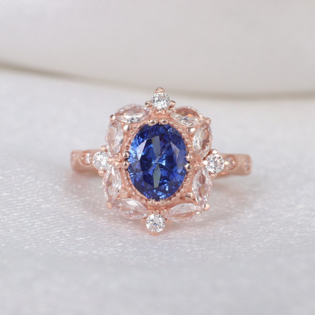 Blue Sapphire Engagement Ring Women Unique Wedding Rings Vintage