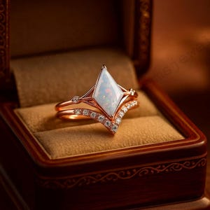 Kite cut Fire Opal engagement ring set unique 14k rose gold ring Moissanite Opal ring Marriage Vintage bridal Jewelry Anniversary ring set