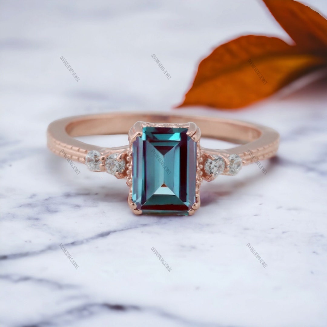 Emerald Cut Alexandrite Bridal Ring Unique Diamond Wedding Ring ...