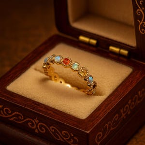 1.5mm Multi gemstone Opal Wedding Band Full eternity blue topaz opal emerald wedding band forWomen Minimalist Bridal Matching Stackable band