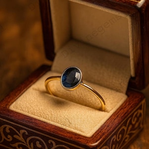 14K Gold Sapphire Bezel Setting Ring, Oval Stone Engagement Ring, Dainty Women&#39;s Ring, Anniversary Gift Her, Art deco Wedding Ring For Mom