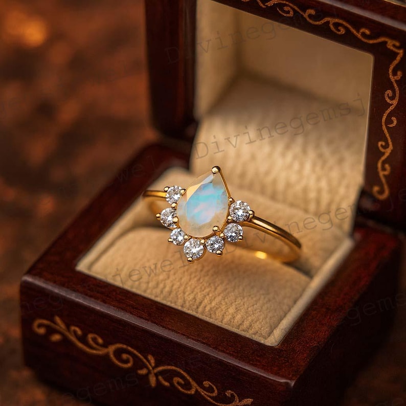 Unique Pear 18K Solid Gold Natural Moonstone Engagement Ring Crown ...