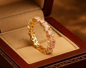 Marquise Cut Rose Quartz & Moissanite Full Eternity Band Matching Band Pink Gemstone Anniversary Gift 14k Gold Wedding Band Christmas Gift