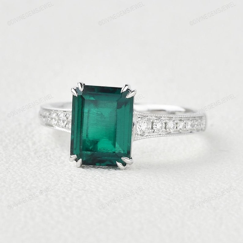 Emerald Ring May Birthstone 14k Solid Gold Ring Gemstone Ring Lab Emerald Ring Engagement Ring Rectangle Ring Anniversary Ring Gift or Her