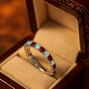 Opal Garnet 14k White Gold Wedding Band Half Eternity Matching Band For Women Stackable Ring Minimalist Jewelry Anniversary Birthday Gift